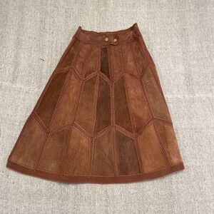 Vintage Bohemian leather skirt Womens 13x28 brown 1970s Boho patchwork